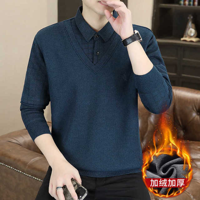 11317412.秋冬季男士假两件针织百搭衬衫领外套男毛衣内搭T恤