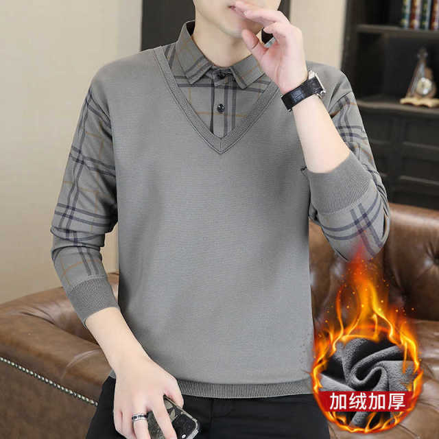 11317409.秋冬季男士假两件针织百搭衬衫领外套男毛衣内搭T恤