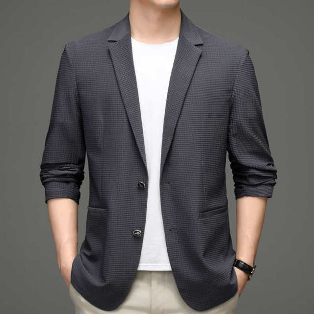 11315872.2023年秋新款男士西服外套抗皱免烫弹力纯色薄款