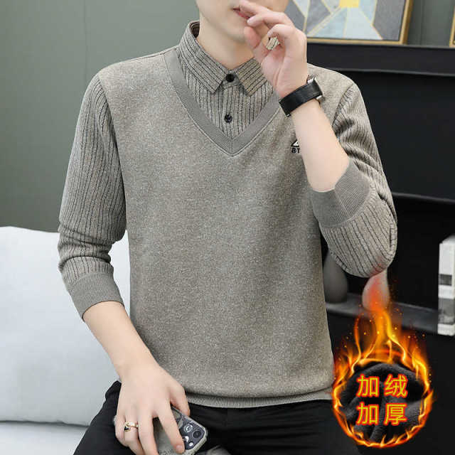 11317388.秋冬季男士假两件针织百搭衬衫领外套男毛衣内搭T恤