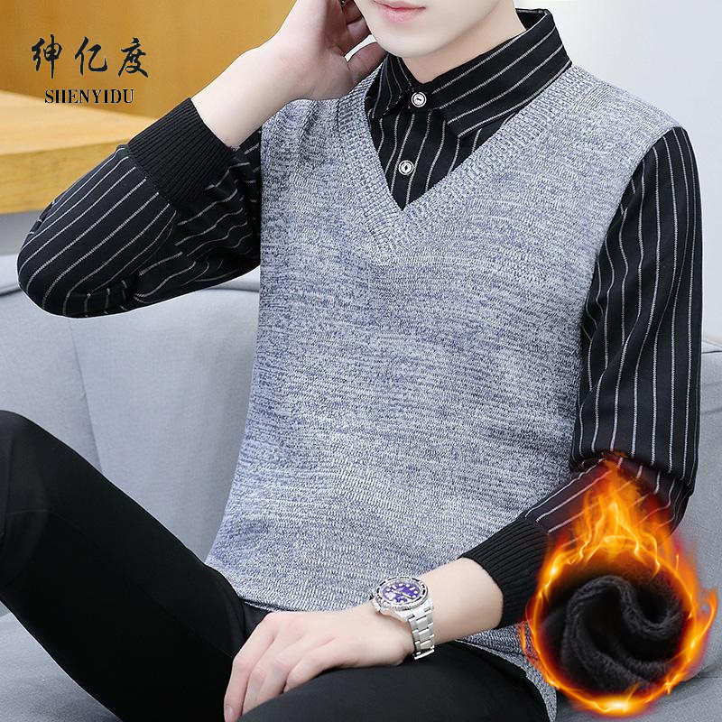 11317109.春秋冬季假两件毛衣男潮流衬衫领针织打底衫毛衣秋装