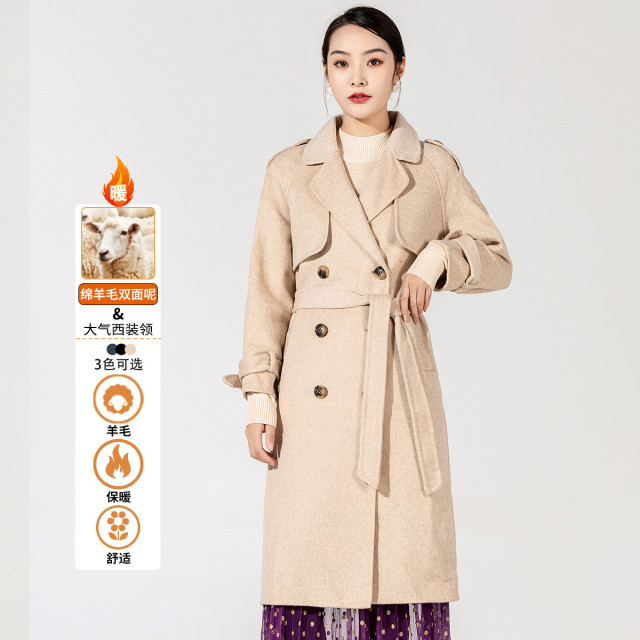 11344040.【清仓售罄不补】【绵羊毛】韩版翻领时尚气质风衣版双面呢保暖百搭毛呢大衣女