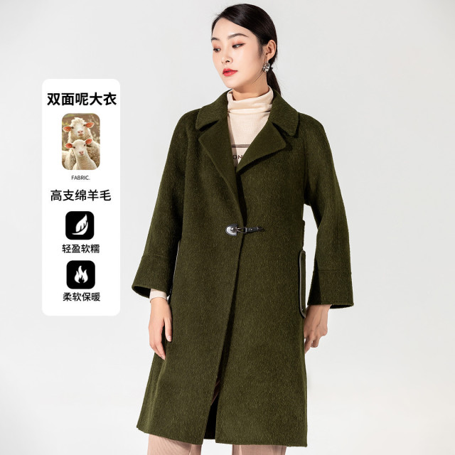 11342906.【清仓售罄不补】【双面呢大衣女】冬季时尚简约盘扣拼皮腰带中长款绵羊毛外套