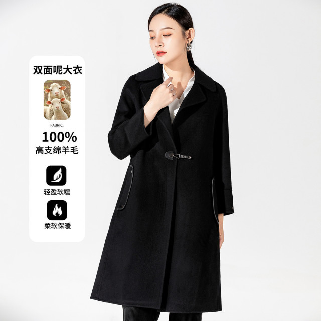 11342723.【清仓售罄不补】【绵羊毛】冬季时尚拼皮腰带气质外套中长款双面呢大衣女