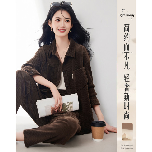 11337389.灯芯绒衬衫式长袖宽松外套长裤两件套装女