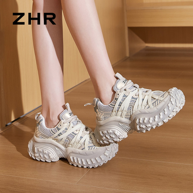 12734212.【ZHR则则】老爹鞋圆头系带厚底女鞋[网布+太空革]