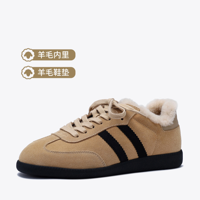 11359598.BellaLily秋冬新款牛皮加绒德训鞋女羊毛防寒板鞋百搭休闲平底鞋