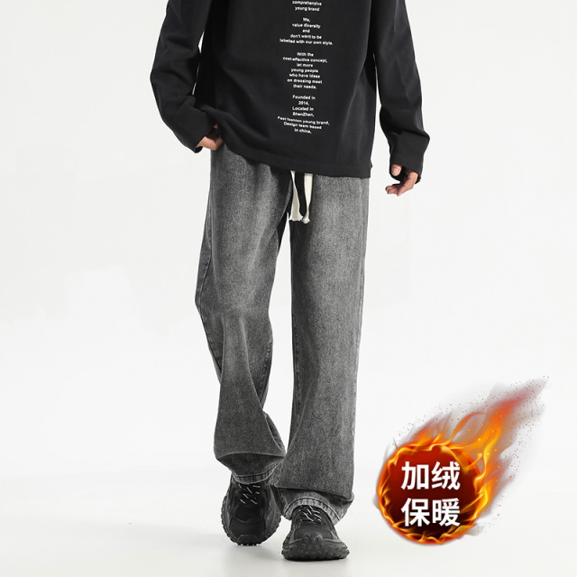 11369137.玛波尼青少年男士冬季加绒宽松直筒阔腿休闲牛仔裤