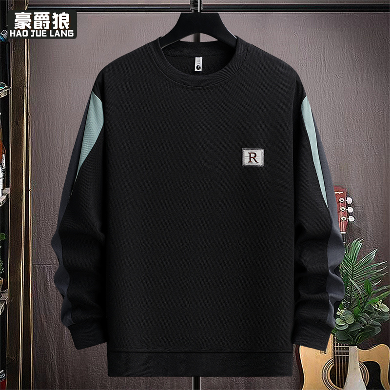 11376706.春秋卫衣休闲高档男士长袖百搭绣花圆领宽松打底潮流上衣