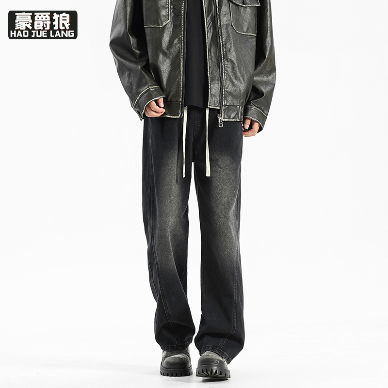 11377312.男士潮流松紧休闲美式牛仔裤潮牌复古宽松直筒高街水洗裤子长裤