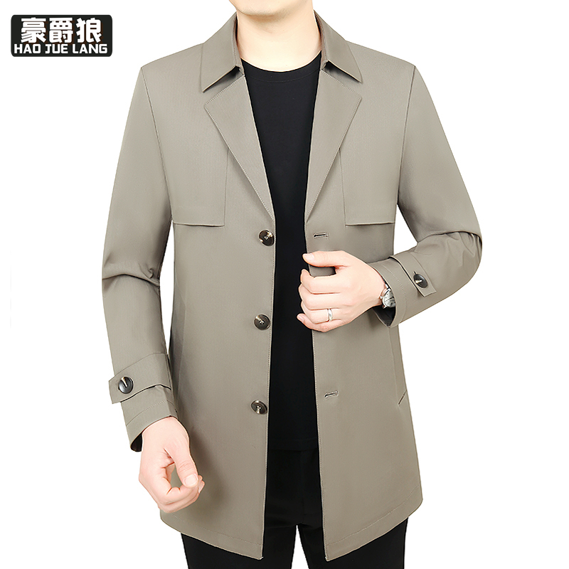11376132.春秋季新款男士风衣外套西装领中年休闲修身风衣中长款男
