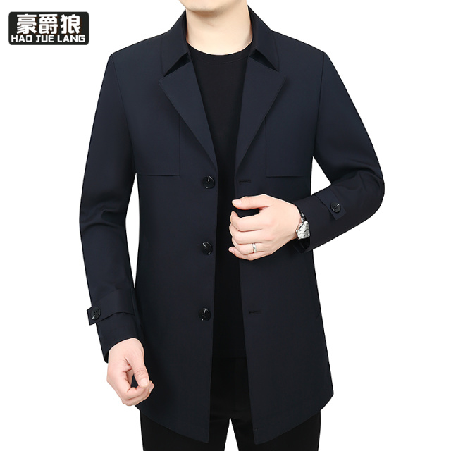 11376132.春秋季新款男士风衣外套西装领中年休闲修身风衣中长款男