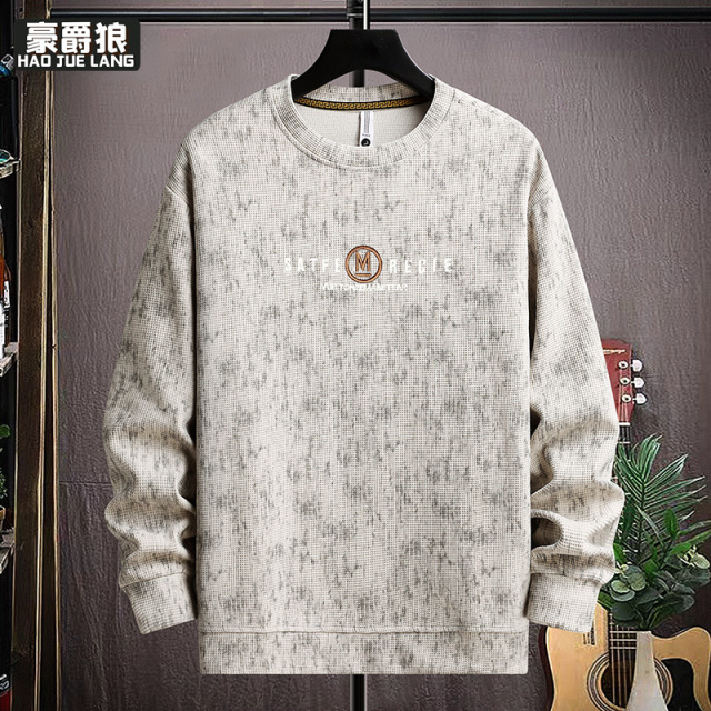 11376667.男式华夫格卫衣男秋季休闲运动套头衫男士潮流重磅长袖t恤