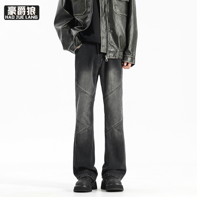 11377356.美式复古牛仔裤男款拼接裤子高街vibe修身显瘦直筒微喇裤秋季