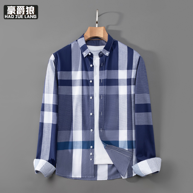 11376114.秋季新款男士格子纯棉衬衫韩版宽松休闲时尚帅气长袖衬衣青年外套