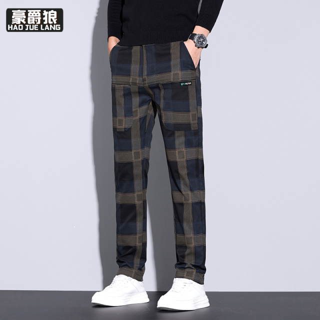 11377227.秋季新款格子多口袋男士休闲裤宽松直筒工装春秋男装运动长裤