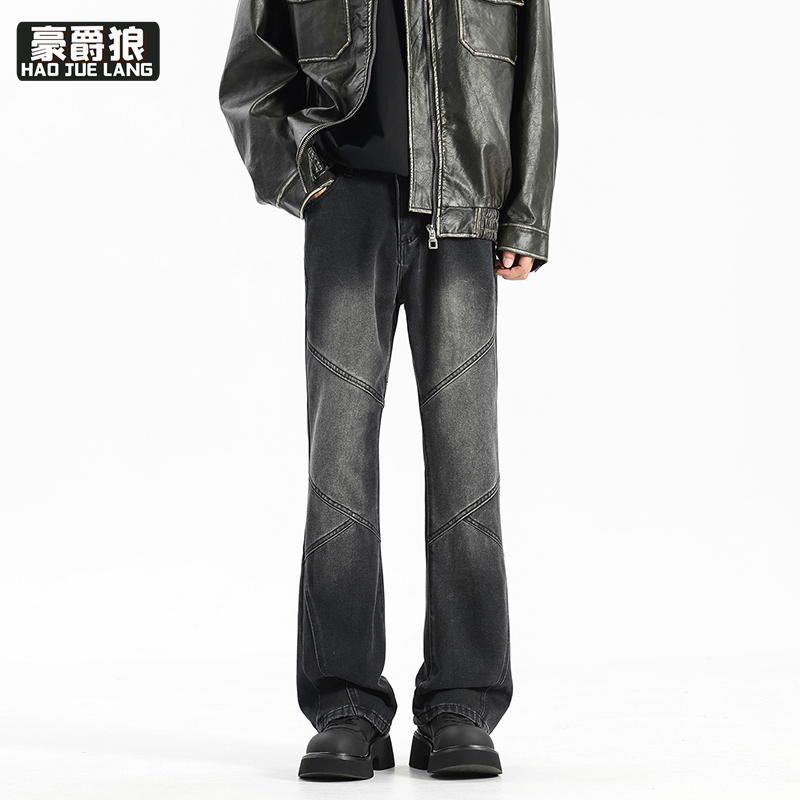 11377356.美式复古牛仔裤男款拼接裤子高街vibe修身显瘦直筒微喇裤秋季