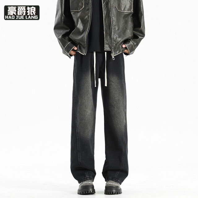 11377312.男士潮流松紧休闲美式牛仔裤潮牌复古宽松直筒高街水洗裤子长裤