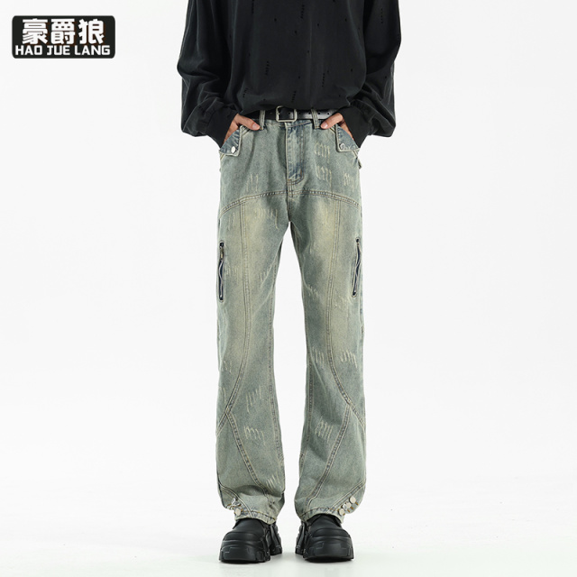 11377381.高街美式复古水洗牛仔裤男宽松直筒痞帅vibe微喇显瘦裤子