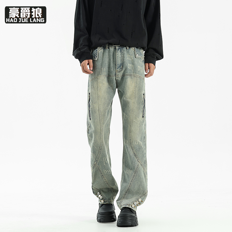 11377381.高街美式复古水洗牛仔裤男宽松直筒痞帅vibe微喇显瘦裤子