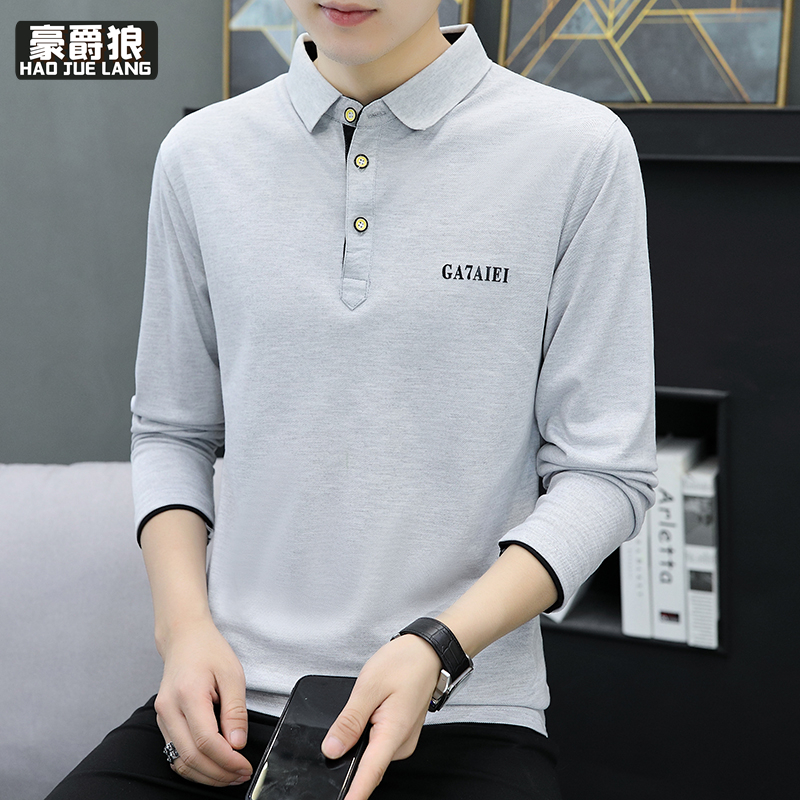 11377272.男士polo衫潮流长袖t恤翻领休闲体恤春秋季修身休闲上衣服保罗衫