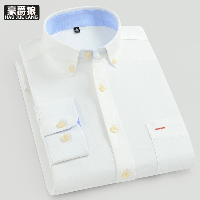 11376100.新款纯棉韩版衬衫春秋商务纯色休闲中青年长袖全棉衬衣