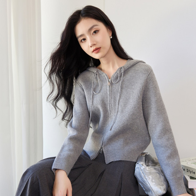 11391825.针织连帽卫衣女休闲宽松慵懒拉链毛衣开衫外套