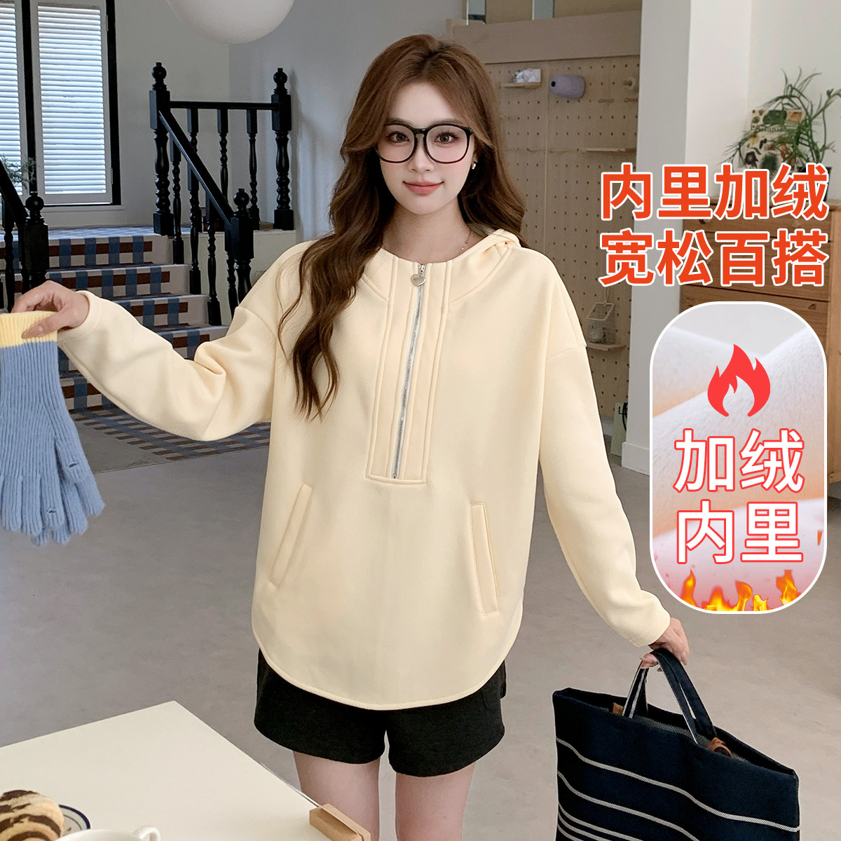 11390311.兔妈加绒连帽卫衣孕妇装秋冬季新款休闲孕妇上装宽松产后哺乳喂上衣