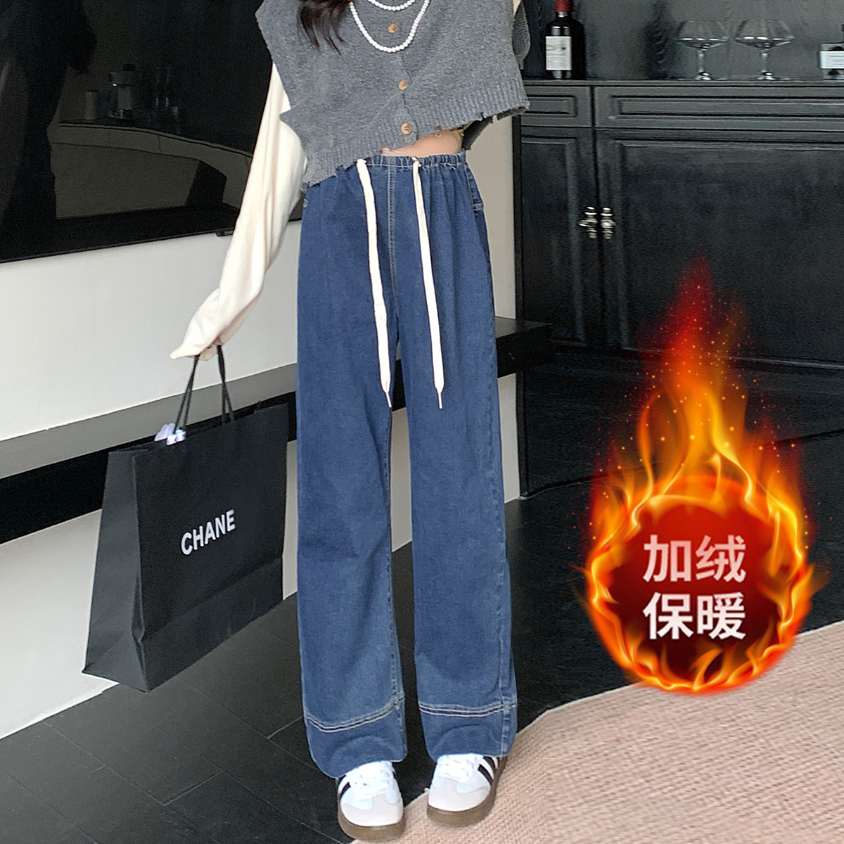 11390345.兔妈孕妇裤秋季2024新款孕妇无托腹牛仔直筒加绒外穿阔腿裤秋冬装