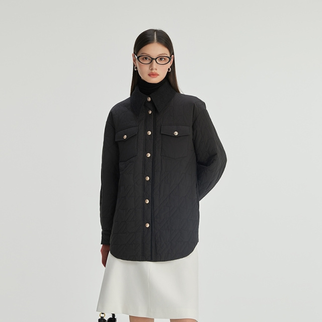 11394133.艾莱依羽绒服短大衣衬衫式拼接灯芯绒时尚通勤叠穿保暖