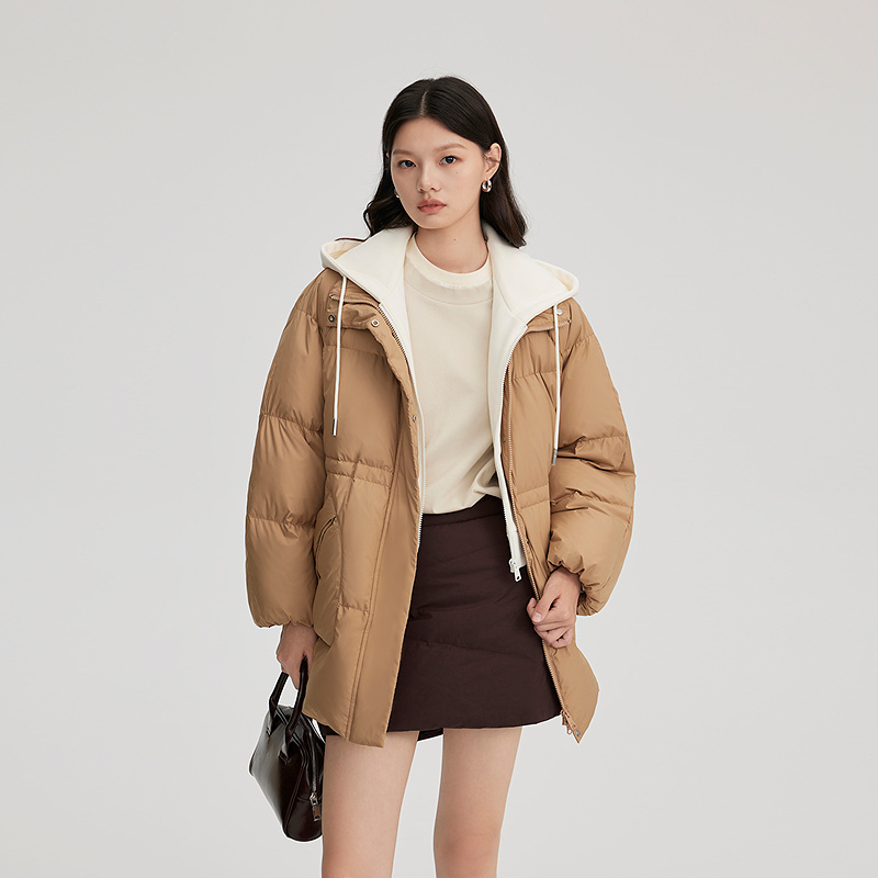 11394111.艾莱依休闲羽绒服拼接百搭时尚假两件连帽