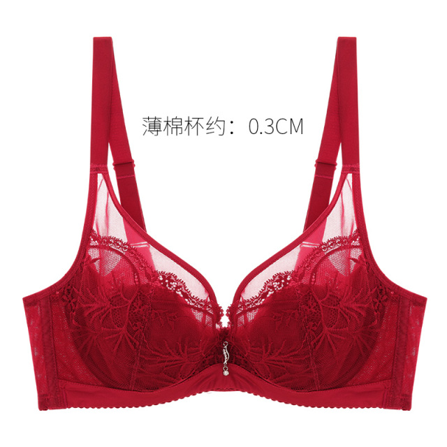 11397370.蕾丝刺绣花边 新中式 红色新年内衣 新娘结婚 防露点超薄内衣收副乳调整型聚拢文胸内衣女胸罩