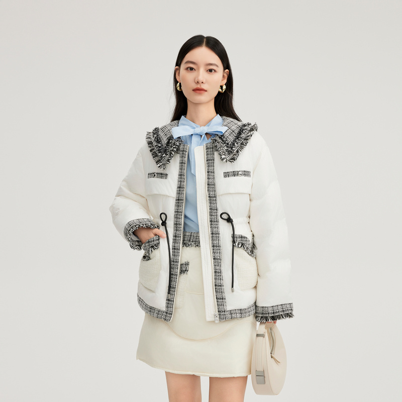 11394124.艾莱依羽绒服抽绳收腰可拆卸领凭借粗花呢H版小香风精致