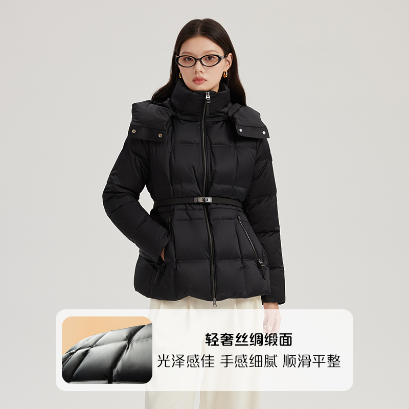 11394143.【明星同款】艾莱依蓄热里料短款冬季连帽防风立领时尚拼接收腰90绒鹅绒羽绒服