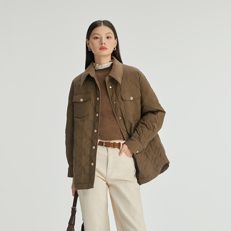 11394133.艾莱依羽绒服短大衣衬衫式拼接灯芯绒时尚通勤叠穿保暖