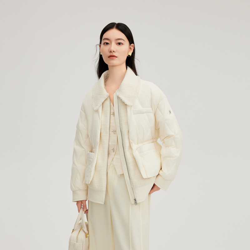 11394100.艾莱依羽绒服假两件粗花呢轻薄保暖翻领简约休闲秋冬鸭绒