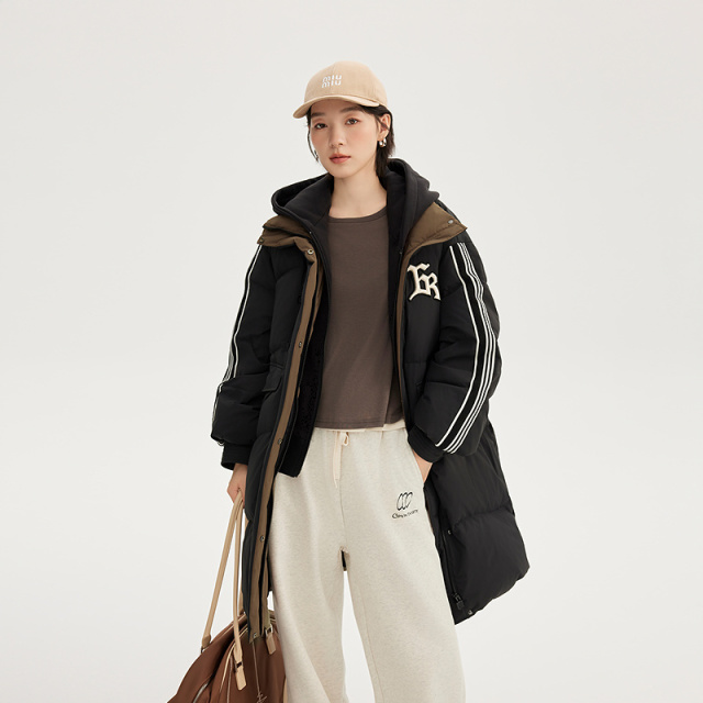 11394087.艾莱依羽绒是美式假两件加长款大衣休闲
