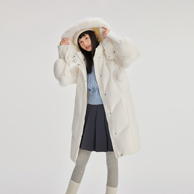 11394109.艾莱依甜美羽绒服女连帽狐狸毛领长款外套