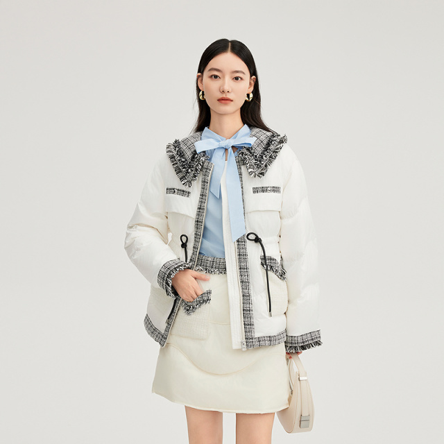 11394124.艾莱依羽绒服抽绳收腰可拆卸领凭借粗花呢H版小香风精致
