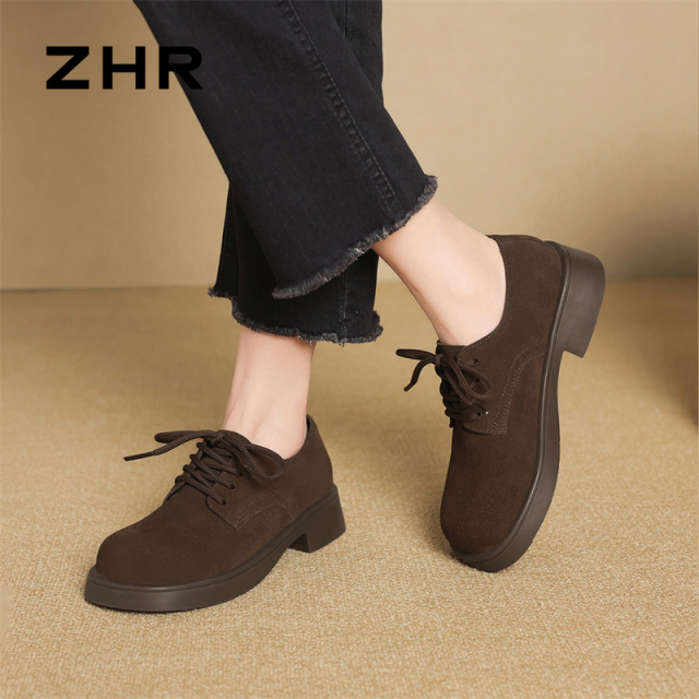 12734687.【ZHR则则】英伦单鞋[短绒]圆头系带厚底女鞋[牛剖层绒面革]