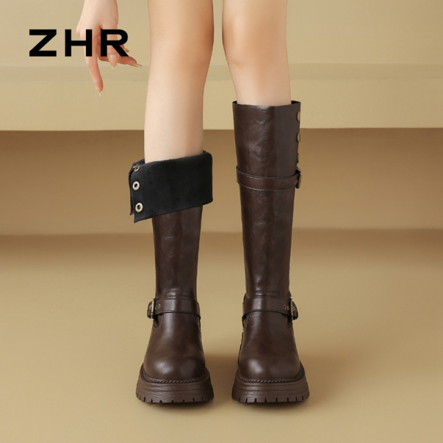 13836205.【ZHR则则】长筒靴[短绒]圆头两穿套脚厚底女鞋[PU]