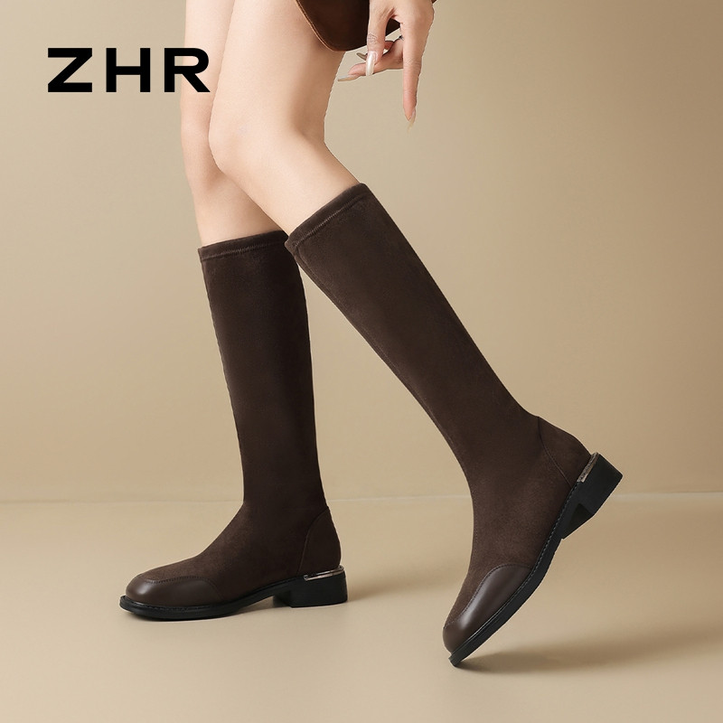 12734708.【ZHR则则】长筒靴[短绒]圆头套脚厚底女鞋[绒面+PU]