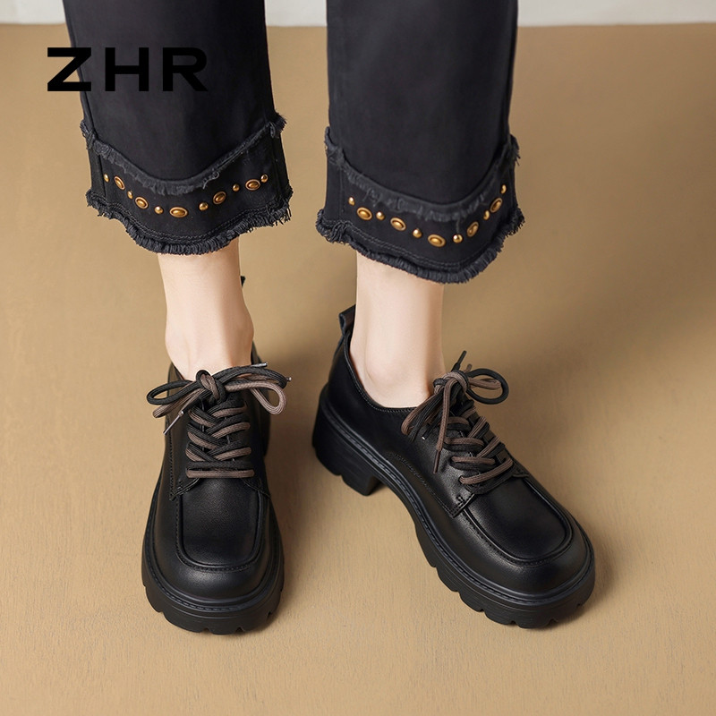 12734704.【ZHR则则】英伦单鞋[短绒]圆头系带厚底女鞋[牛剖层移膜革]