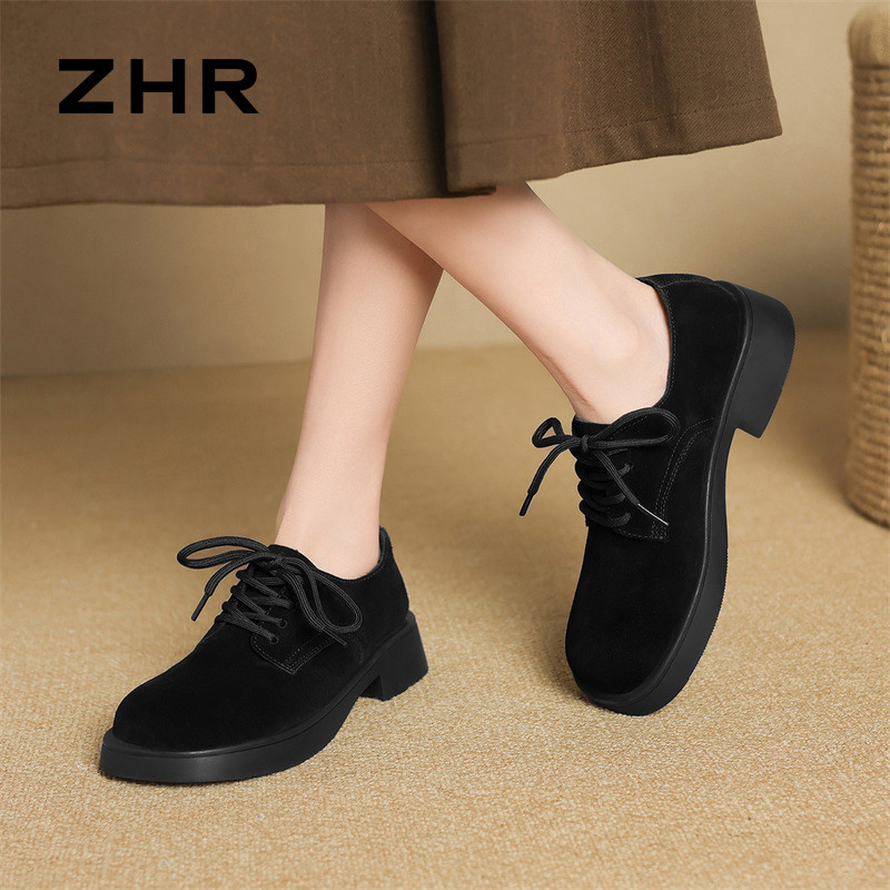 12734687.【ZHR则则】英伦单鞋[短绒]圆头系带厚底女鞋[牛剖层绒面革]