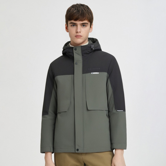 12148491.【撞色相拼工装】冬季斜纹连帽防水袋口拉链羽绒服男