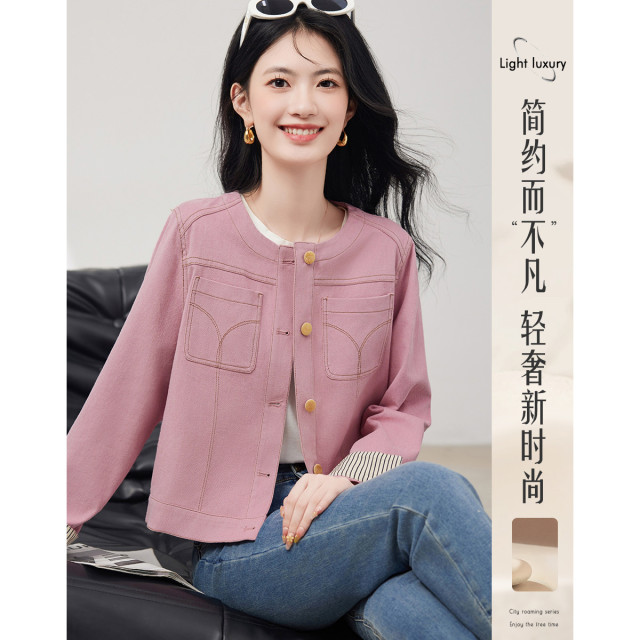 11453072.独特别致明线设计休闲圆领工装牛仔外套短款夹克