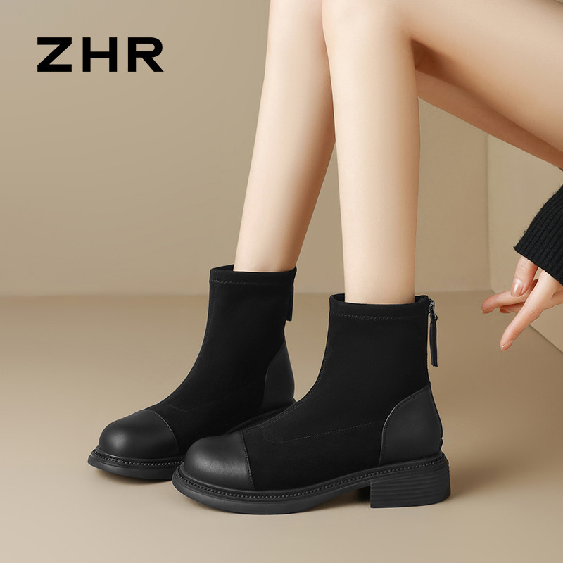 12734512.【ZHR则则】短靴[短绒]圆头后拉链中跟女鞋[绒布+PU]