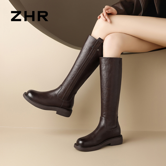 13836198.【ZHR则则】长筒靴短绒圆头后拉链中跟女鞋[PU]