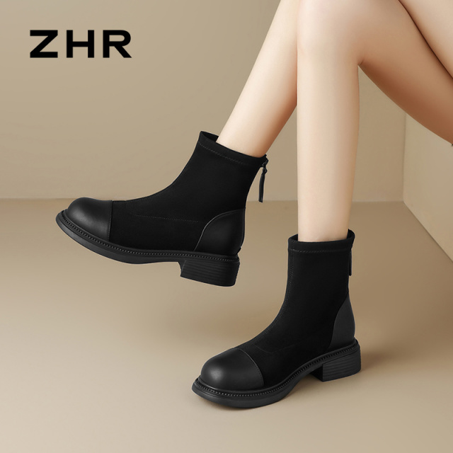 12734512.【ZHR则则】短靴[短绒]圆头后拉链中跟女鞋[绒布+PU]