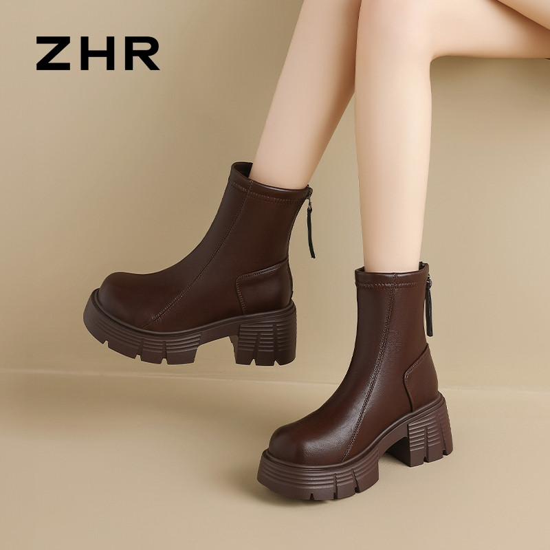 12735109.【ZHR则则】厚底短靴[短绒]圆头后拉链中跟女鞋[PU]